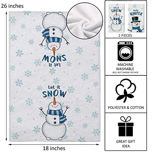 Seliem Hello Winter Snowman Kitchen Dish Towel Set of 2 - Blue Snowman, Let it Snow Snowflakes, Holiday Xmas Decor, 18x26 Inches - White Variation
