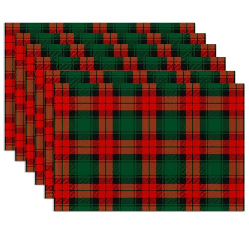 Christmas Plaid Placemats Set of 6 - Washable 12x18 Inch Linen Table Mats, Green & Red Holiday Decor