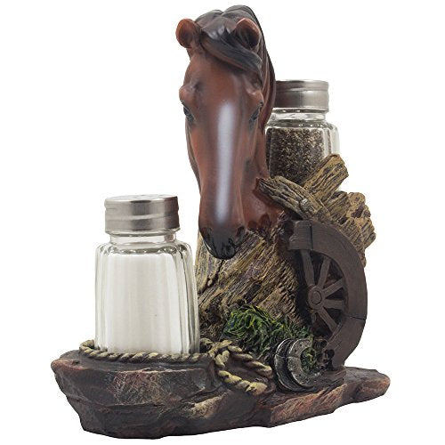 Chestnut Resin Horse Shaker Set - 3 Pieces, Glass Salt & Pepper, Western Ranch Decor