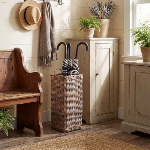 Rattan Umbrella Stand with Drip Tray - 20.5-Inch Tall Entryway Basket
