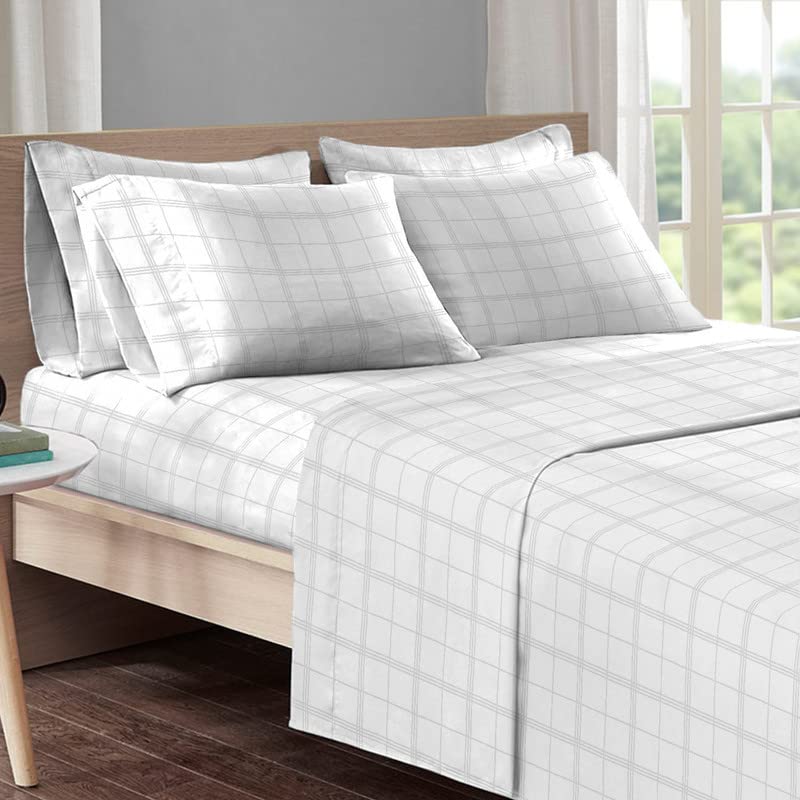Pizuna Cotton Sheets King Size, 300 Thread Count Long Staple Cotton Soft Sateen with 15" Deep Pocket (Combed Checks Luxury White)