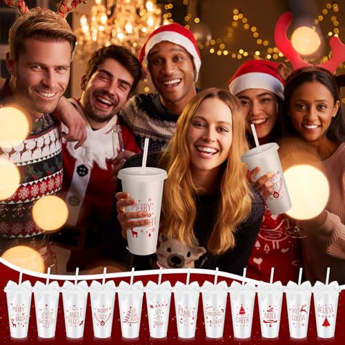 Potchen 12 Pcs Christmas Plastic Tumblers with Lids, Straws, Bow in White - 24 oz Travel Cups