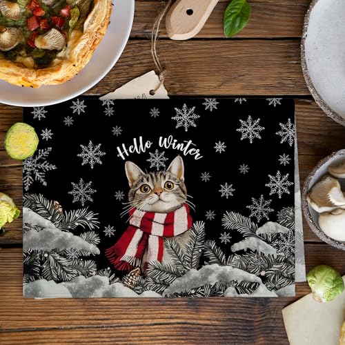XNXLDYLH Hello Winter Cat Kitchen Towels Set for Cats Lovers, Christmas Snowflake Dish Hand Towels, 16x24 Inch - Cat Variation