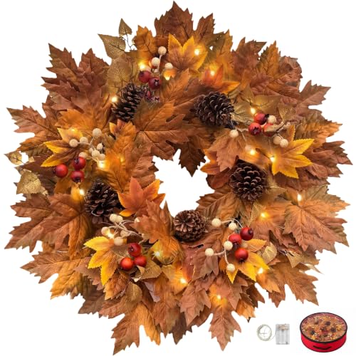 26-Inch Lighted Fall Wreath with Maple Leaves, Pinecones and Berries
