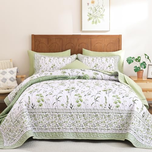 Sage Green Floral Quilt Set Queen - Lightweight Farmhouse Bedding