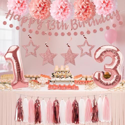 13th Birthday Decorations Kit for Girls, Pink and Rose Gold Party Supplies