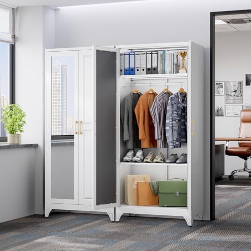 71-Inch Metal Wardrobe Closet with Mirror Door and Adjustable Shelves