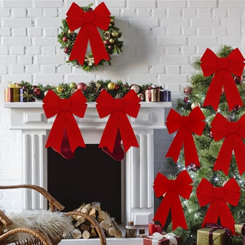 12ct Large 9x12 in Red Christmas Bows with Gold Wire - Indoor/Outdoor PVC Velvet Gift Decor
