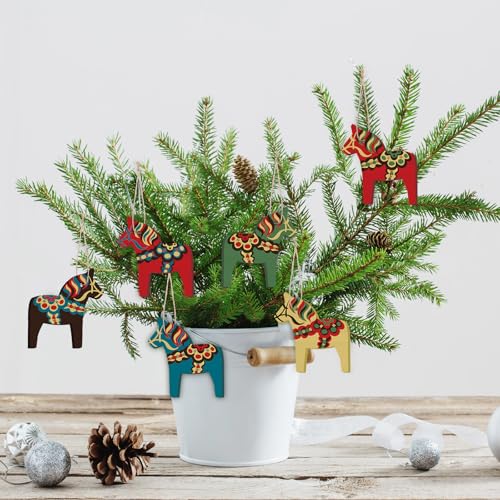6-Piece Wooden Swedish Dala Horse Christmas Tree Ornaments, Vintage Style