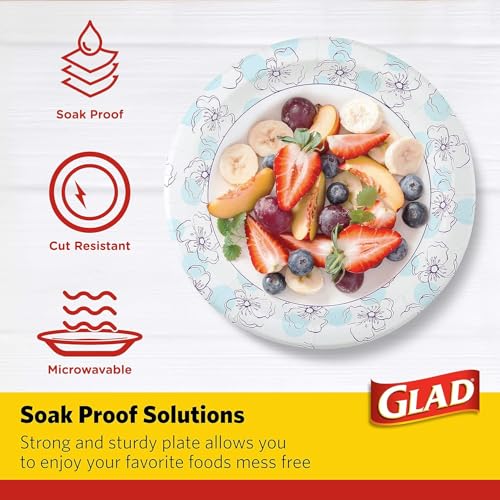 Glad Round Disposable Paper Plates, Blue Flower Pattern - Strong, Sturdy, Soak Proof, and Microwavable Decorative Plates for Dinner and Everyday Use, 10 Inch, 50 Count - 2 Pack