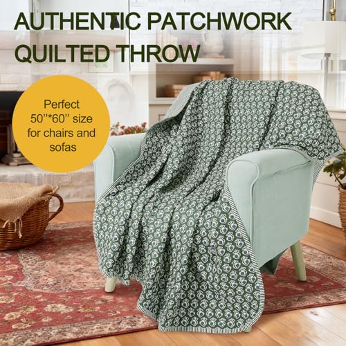 Reversible Cotton Block Print Throw Blanket - 60 x 90 Inches, Basil Green