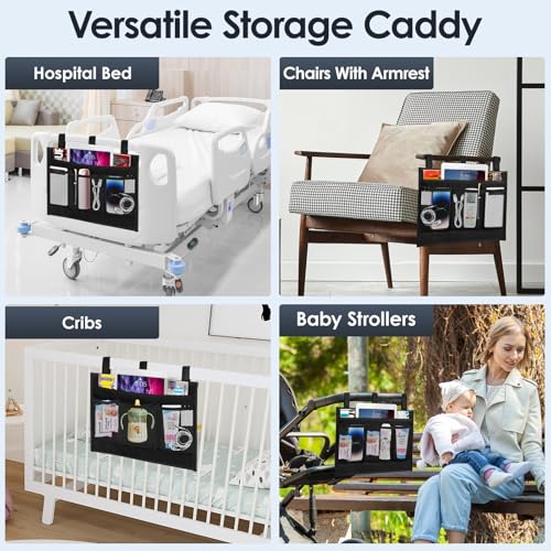 Bedside Caddy Storage Organizer - 4-Pocket Hanging Bed Organizer, Black