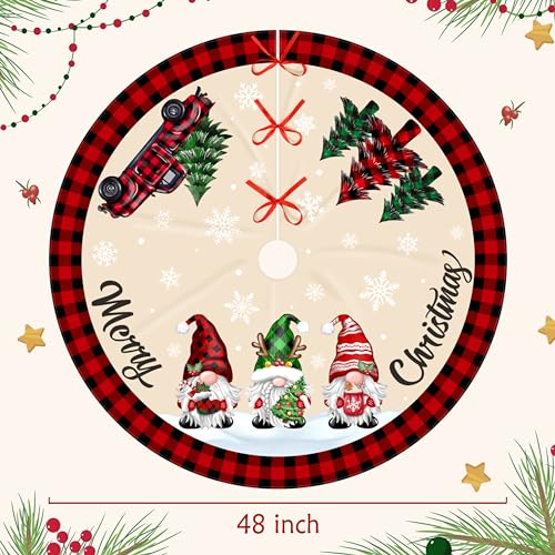 48-Inch Buffalo Plaid Christmas Tree Skirt with Gnome Decorations