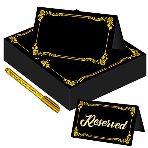 100 Pcs Black Place Cards with Gold Foil Border and Pen for Weddings