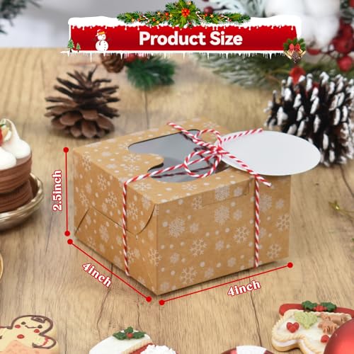 Cotopher 18Pcs Christmas Cookie Gift Boxes with Window, Brown 4x4x2.5in - 18 Boxes, 6 Window Styles