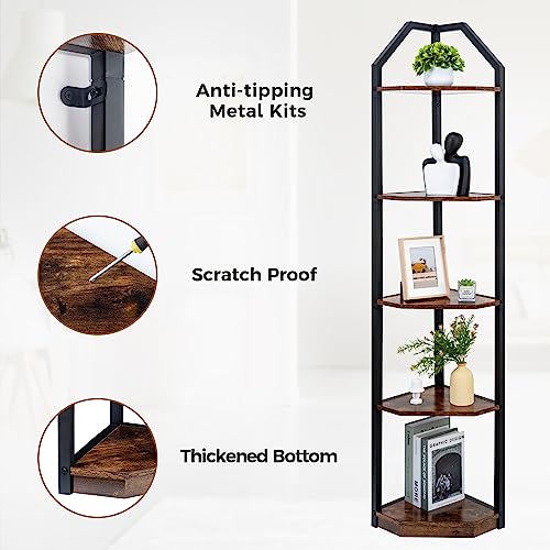 5-Tier Industrial Corner Bookshelf, 70-Inch Tall Storage Display Stand