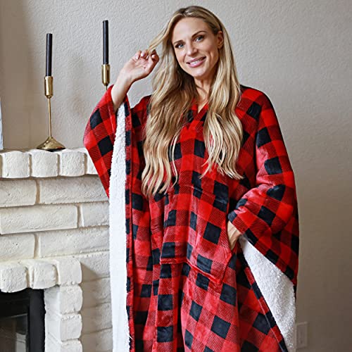 Tirrinia Super Soft Sherpa Fleece Wearable Poncho Blanket for Adults & Kids - Red Plaid