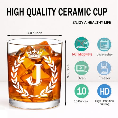 Personalized Whiskey Glass with Letter J Initial - Transparent 10 OZ Old Fashioned Gift for Men