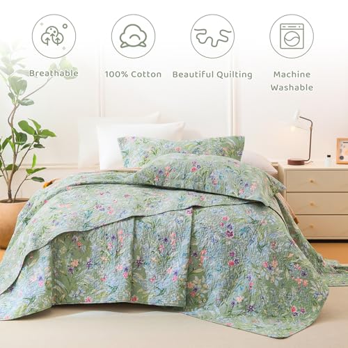 Sanracie Oversized Queen Quilt Bedspread Set - 100% Cotton Botanical Print 3Pcs