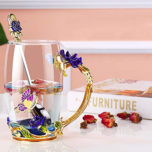 Kaiyuan Dynasty Blue Tall Enamel Glass Coffee Mug with Rose & Butterfly Design Set with Spoon