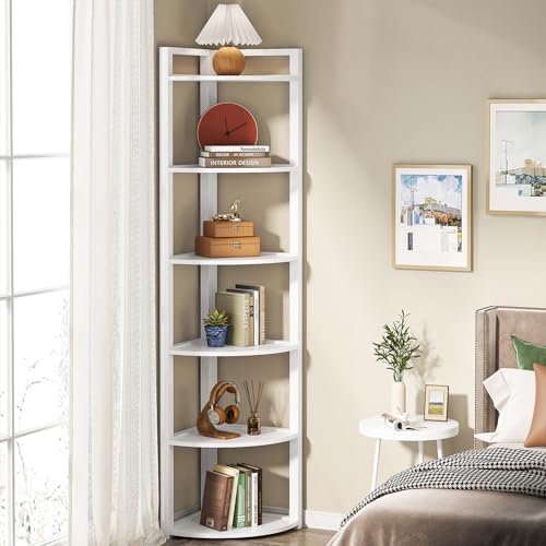 6-Tier Corner Bookshelf, 71-Inch Tall Modern Storage Display Stand (White)