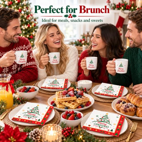 Christmas Tree Party Napkins - 50 Pack, 6.5 Inch Holiday Cocktail Paper Napkins