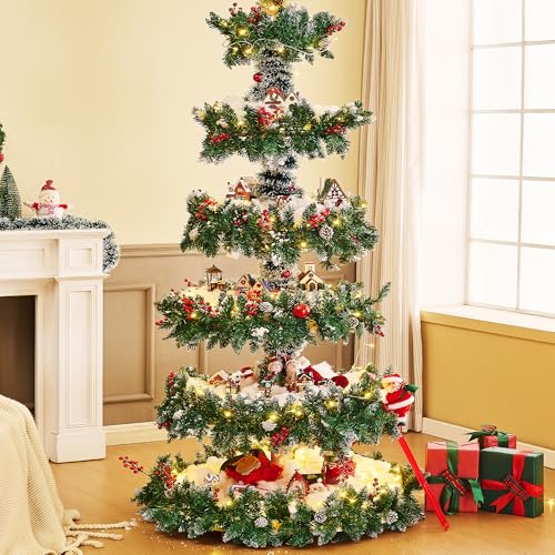 6-Tier Wooden Christmas Tree with Shelves - Holiday Village Display Stand