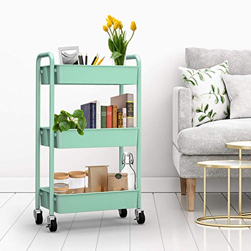 3-Tier Rolling Metal Utility Cart - Mobile Storage Organizer, Aqua Green