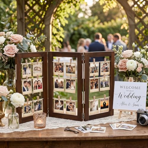 Rustic 3-Panel Wooden Photo Display Board with 60 Clips, 14 x 30 Inch