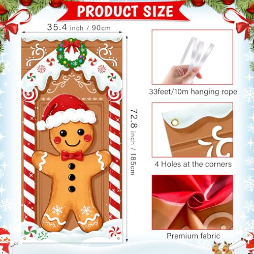 72in Christmas Gingerbread Door Cover, Fabric Banner Decor for Indoor/Outdoor Festive Front Door