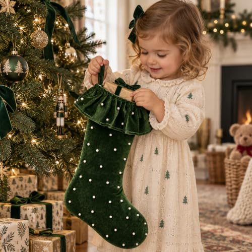 Sosation Velvet Christmas Stockings Set of 4 - Moss Green, Pearls & Ruffled Trim