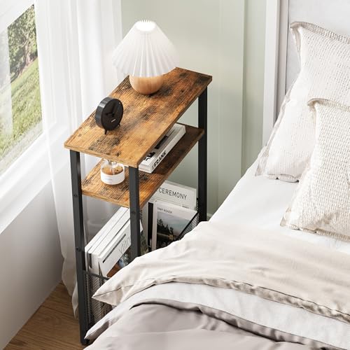 3-Tier Slim Side Table with Storage Basket, Rustic Brown Narrow End Table