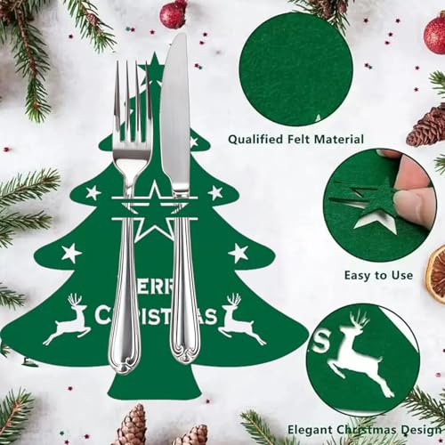 Dudodikor 4Pcs Christmas Silverware & Placemat Set Red & Green Tree Design