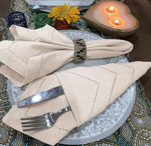 Linen Blend Cloth Dinner Napkins 18x18 - Set of 12 Hemstitched Table Napkins