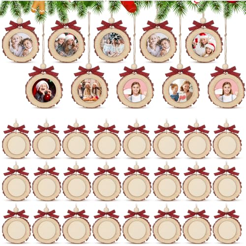 Wonderjune Red & Black Round Wooden Christmas Picture Frame Ornaments with Bow - Set of 24
