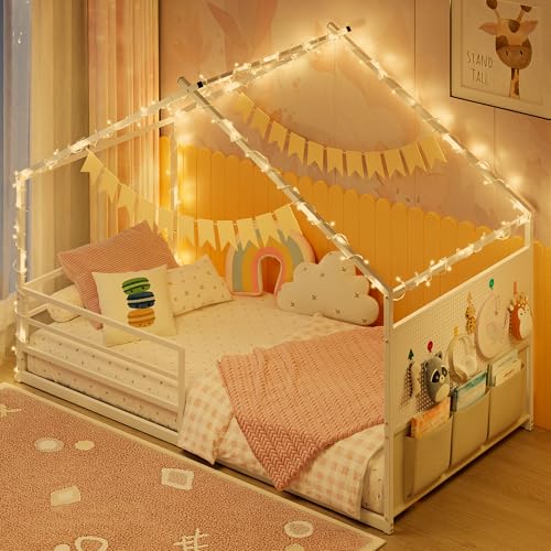 Twin Montessori House Bed Frame with Storage Caddy and Pegboard, White