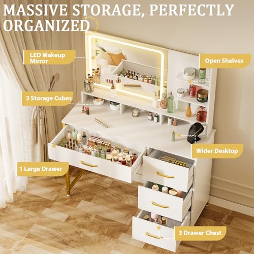Modern Makeup Vanity Desk with Lighted Mirror, 4 Drawers & Storage Shelves