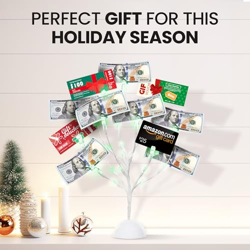 17-Inch LED Money Tree Gift Card Holder with 10 Clips, White Tabletop Stand