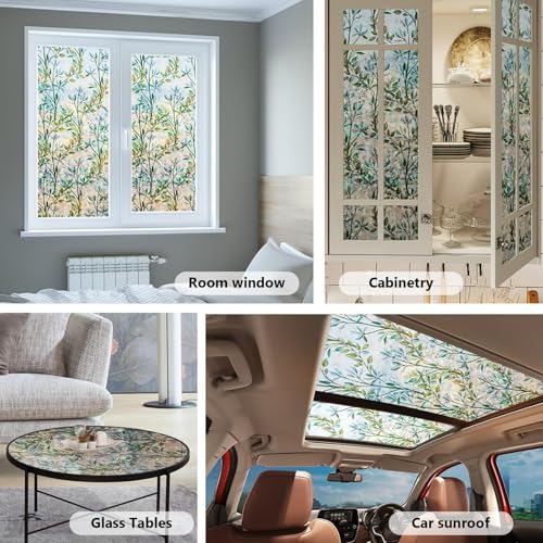 Leaf Pattern Privacy Film - 3D Rainbow Static Cling Window Covering, 17.5" x 78.7"