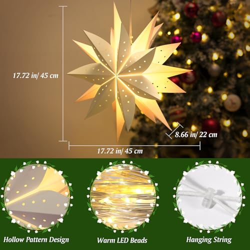 Lewondr C-White Christmas Paper Star Lantern 2PCS with Remote, 8 Lighting Modes & Dimming