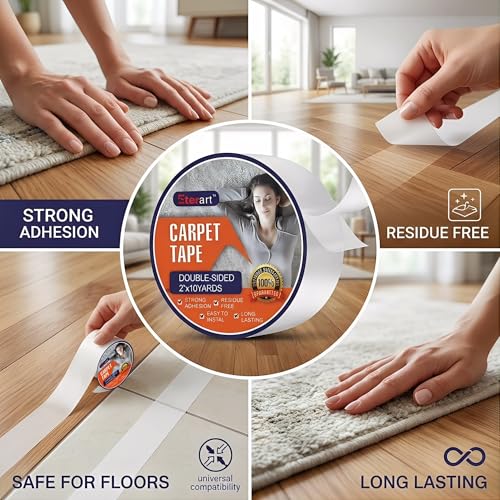Heavy Duty Double Sided Carpet Tape - 2" x 10 Yds, Residue-Free Rug Adhesive