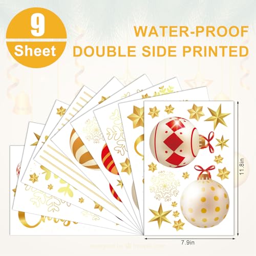 JarThenaAMCS Christmas Ball Window Clings - Double-Sided Red Gold, 9 sheets (7.9 x 11.8 in) – Christmas Ornament Decor