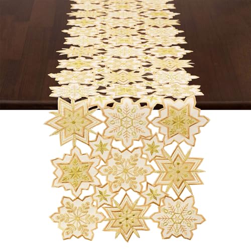 Grelucgo Gold Snowflake Embroidered Table Runner 14x84 Inches for Christmas & Winter