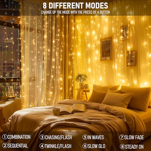 Dazzle Bright 300 LED Warm White Curtain String Lights for Bedroom and Patio Decor
