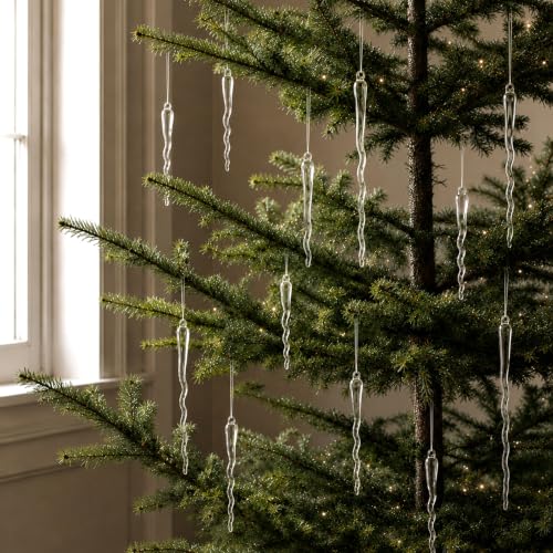 OuMuaMua Large Clear Glass Icicle Christmas Ornaments - 12-Piece, 6-12in S-Curve Handmade