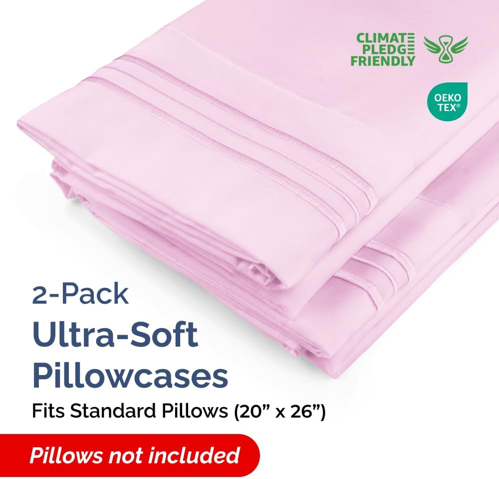 Skiennix Standard Pillow Cases Set of 2 - Ultra-Soft Hotel Quality - Comfy, Wrinkle-Free & Stain Resistant - Light Pink