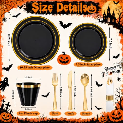 WELLIFE 210-Piece Black & Gold Plastic Dinnerware Set for 30 Guests – 30 Dinner Plates, 30 Dessert Plates, 30 Black 9 oz Cups, 30 Pre-Rolled Napkins, Goldware