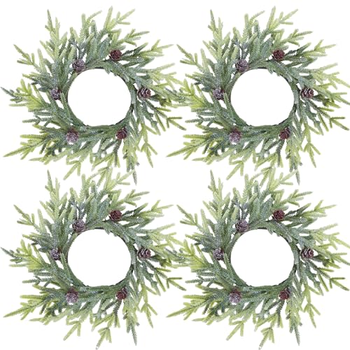 4 Pcs Artificial Frosted Cypress Candle Rings with Pinecones 10-Inch