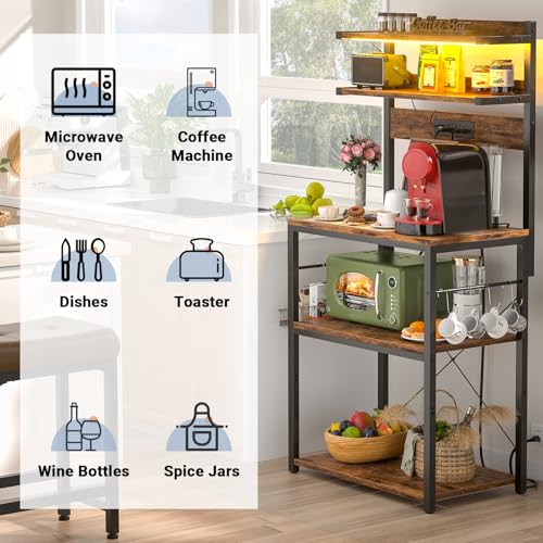 5-Tier Bakers Rack with Power Outlet, RGB LED Lights, and Storage Shelves
