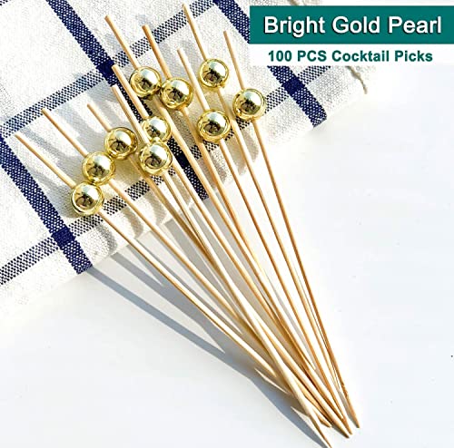 Amovvita Classic Gold Pearl Cocktail Picks 100 pcs - Elegant Party Garnishes